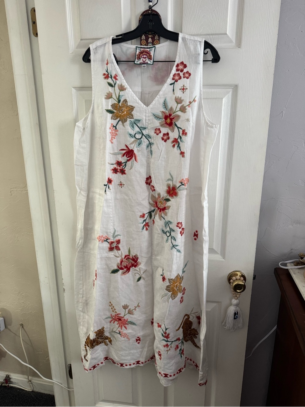 Johnny Was White Maxi Dress with Red, Gold, Green & Pink Floral Embroidery